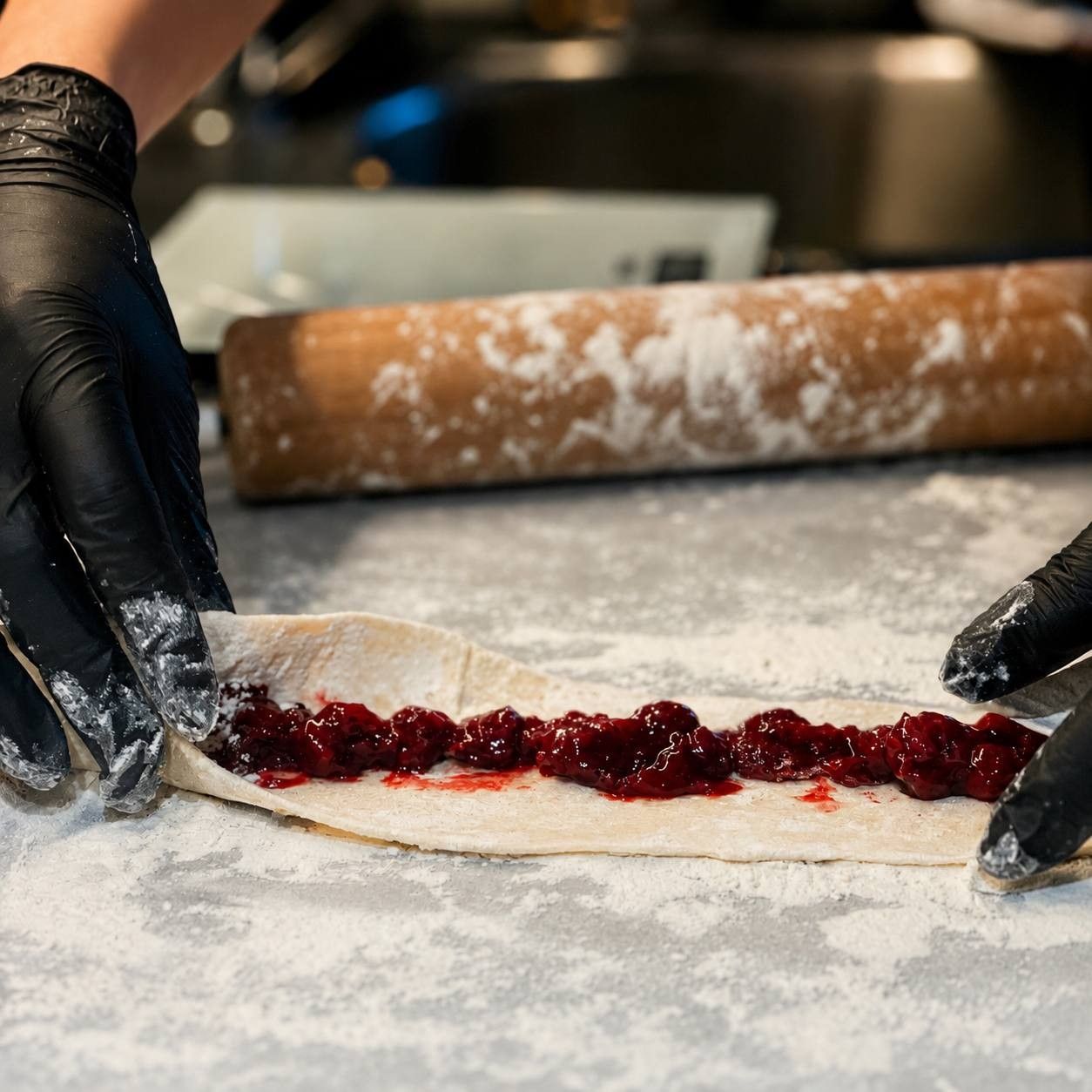 Cherry filling on rolled-out dough